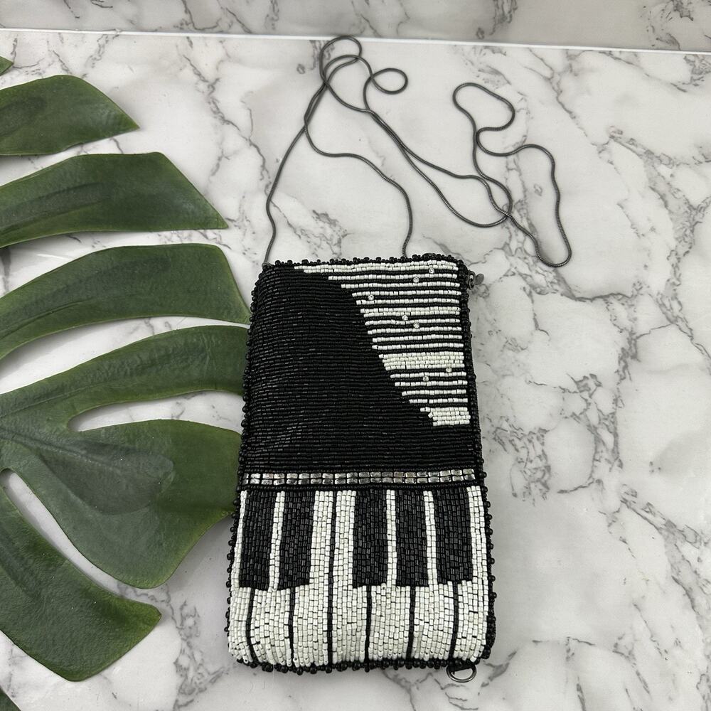 Mary Frances Vintage 90s Beaded Purse Bag Well Played Piano Keys Black White